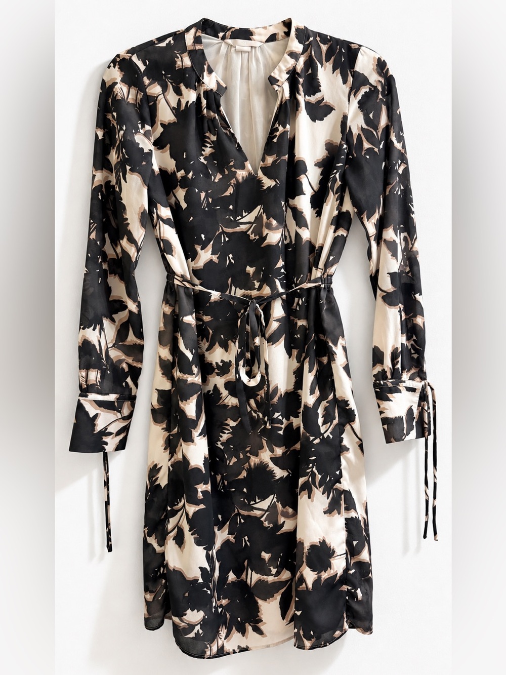 H&M Brown & Cream Botanical Leaf Print Long Sleeve Dress - Size XS